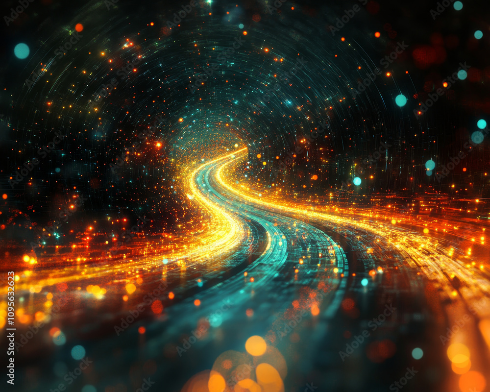 Poster digital communication highway filled with vibrant data streams, glowing lights, and swirling patterns creates mesmerizing visual experience