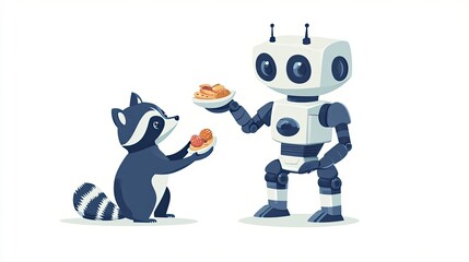 Naklejka premium Robot Serving Dessert to a Raccoon