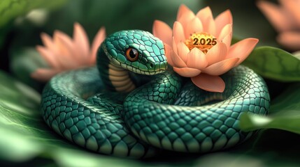 Fototapeta premium Lunar prosperity: Text 2025 with Green Snake, symbolizing growth, good fortune for Chinese New Year, reflecting themes of wisdom, harmony, rebirth according to oriental calendar.