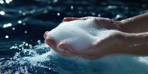 Fototapeta premium Close up of Hands Cupping White Foam in Blue Water