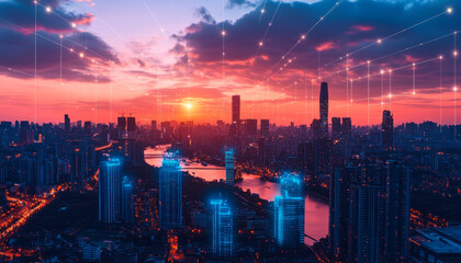 Fototapeta premium futuristic city at twilight showcasing smart buildings and vibrant lights. skyline is illuminated with blend of technology and nature, creating stunning urban landscape