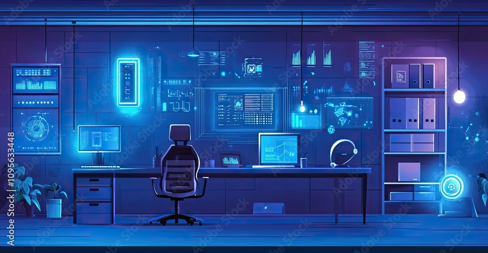 Poster a hacker's workstation with neon lights and data displays