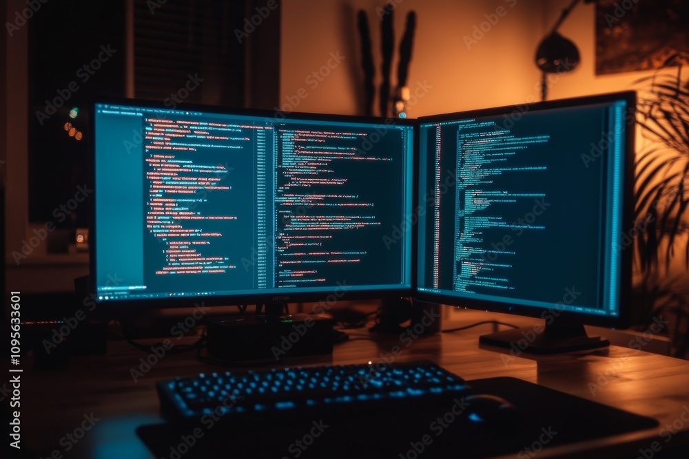 Poster dual monitors with computer code on desk in dim room