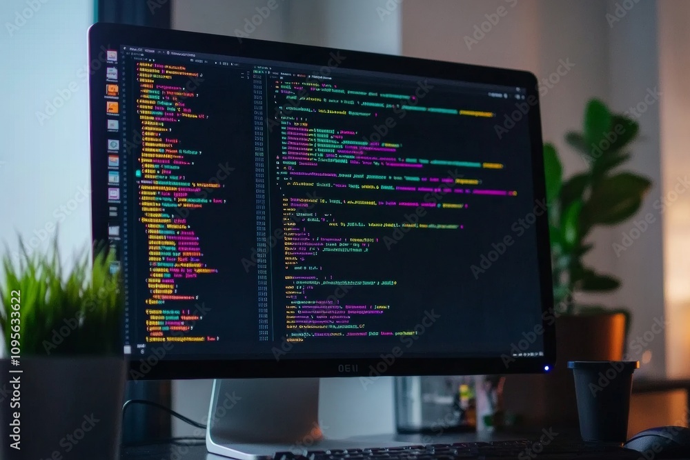 Poster colorful code on computer screen in a modern office setting