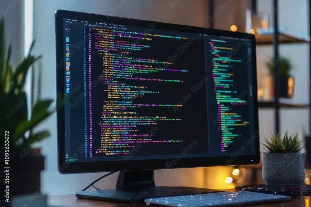 Poster colorful code display on monitor in tech workspace with plants