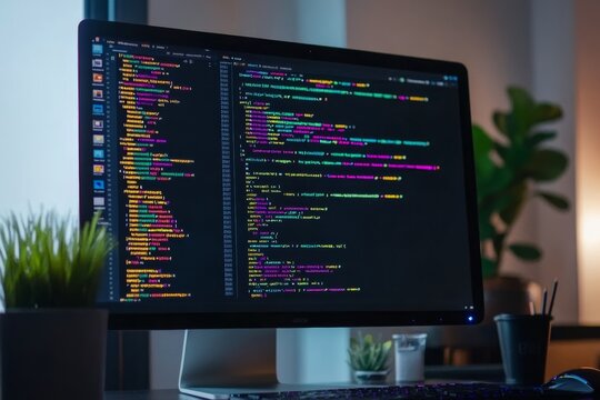 Computer screen displaying colorful programming code in office setting