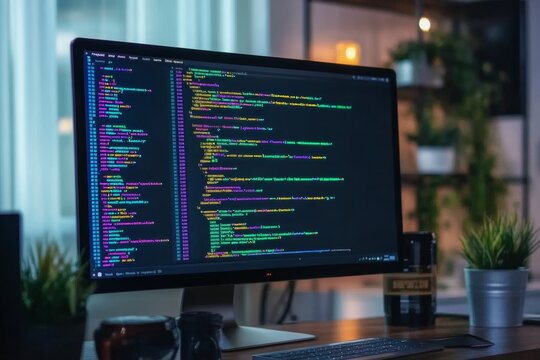 Computer monitor displaying colorful code in modern office setting