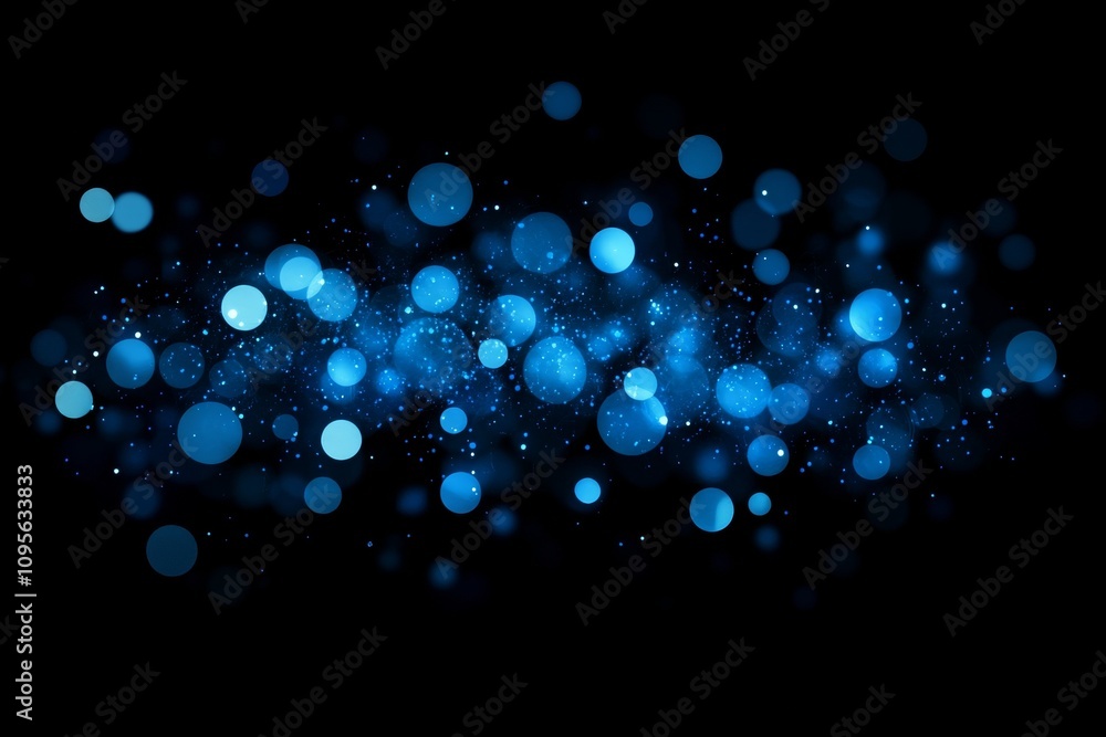 Poster abstract blue bokeh light pattern with glowing circles on black background