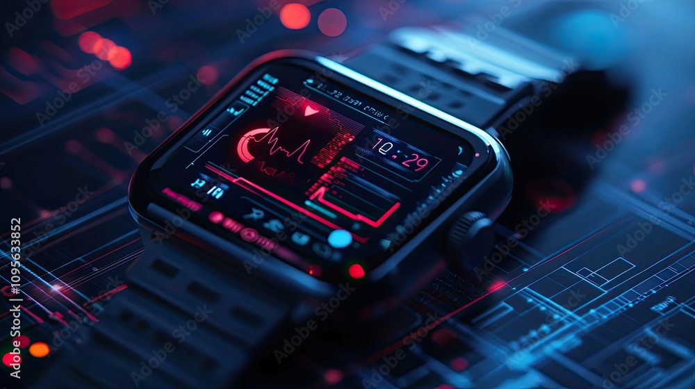 Poster futuristic smartwatch displaying health metrics and time