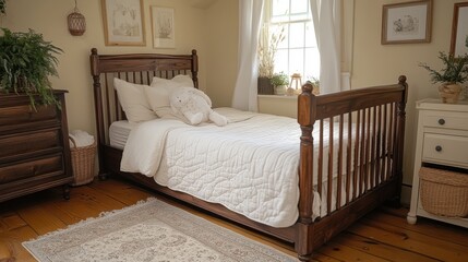 a wooden crib with white sheets