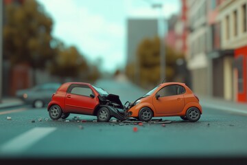 Toy cars in head-on collision on urban street setting