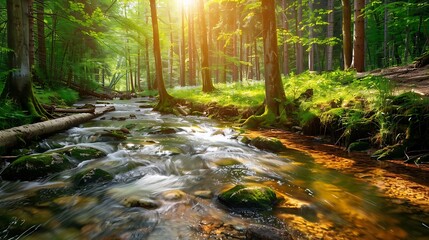 Obraz premium A Natural Stream Flowing Through a Forest, Captured as a Mobile Screen Wallpaper, Showcasing the Tranquil Beauty of Freshwater and Lush Greenery