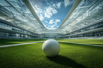 Soccer ball on the grass in a modern stadium