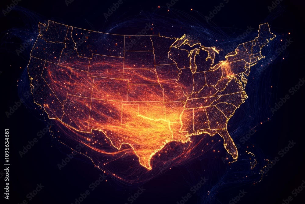 Poster dynamic digital map of the united states with illuminated network pathways