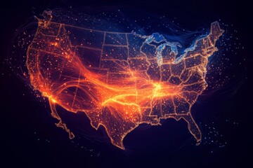 Vibrant digital map of the united states highlighting data flow and connectivity