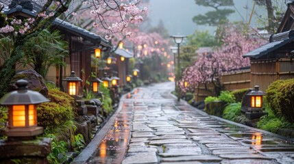 Fototapeta premium Serene pathway lined with cherry blossoms and lanterns in a tranquil setting.