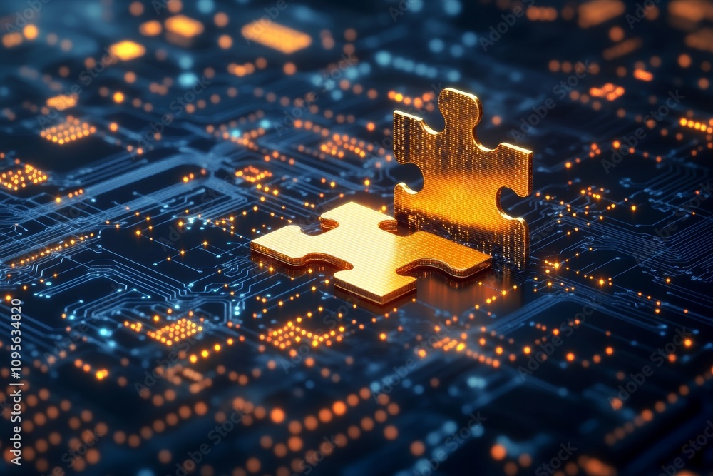 Poster digital puzzle pieces on circuit board representing technology integration