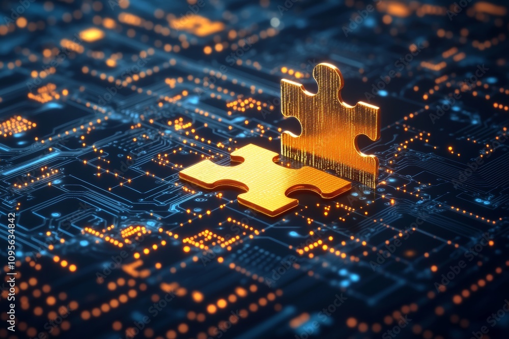 Aufkleber digital puzzle piece fitting into circuit board symbolizing technology integration