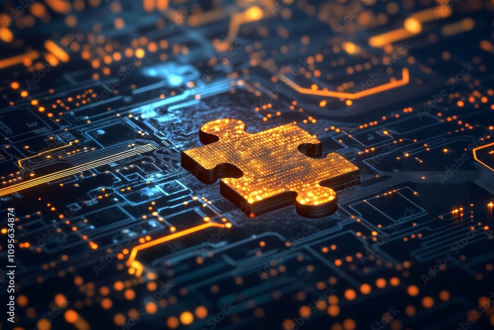 Poster digital puzzle piece on circuit board symbolizing technology integration