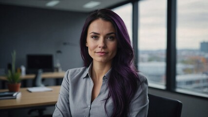 Naklejka premium Close up cinematic portrait of dark purple haired woman in office, corporate businesswoman