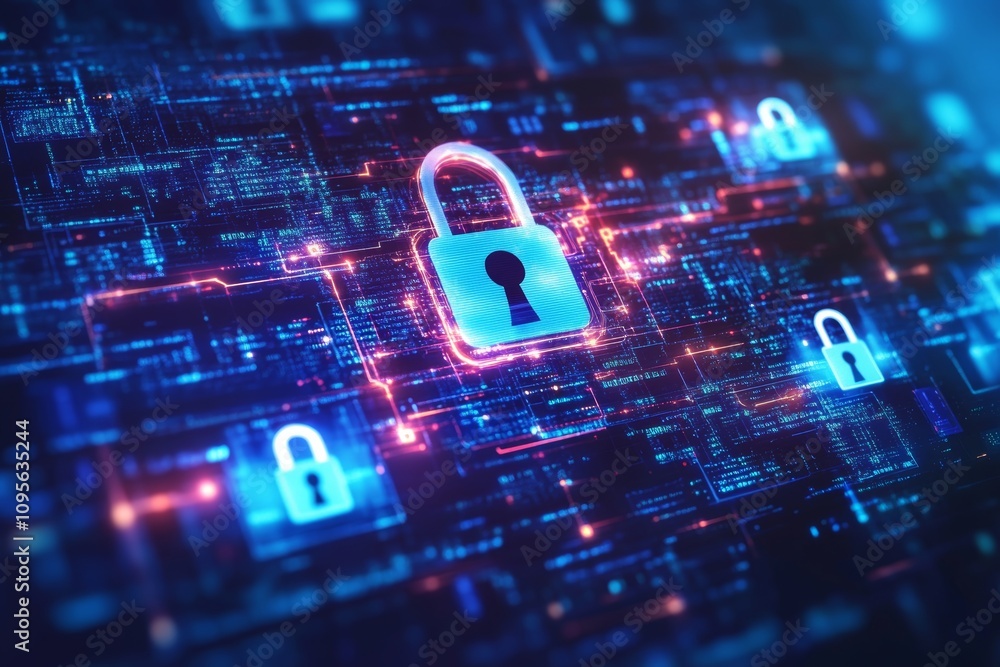 Poster digital security concept with glowing locks and cyber network background