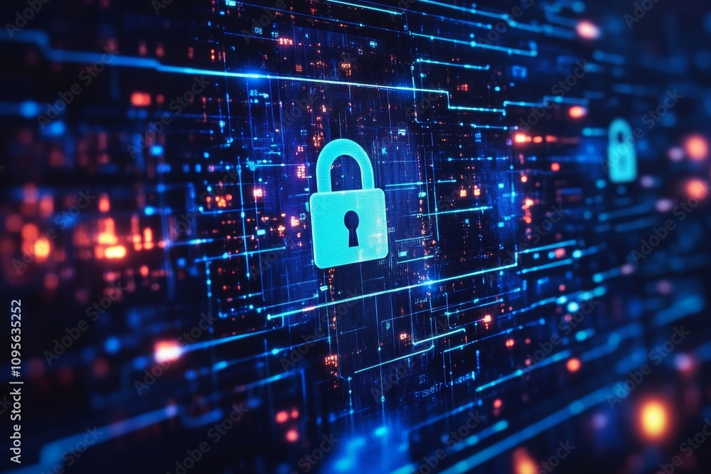 Poster digital security concept with glowing lock icon on circuit board