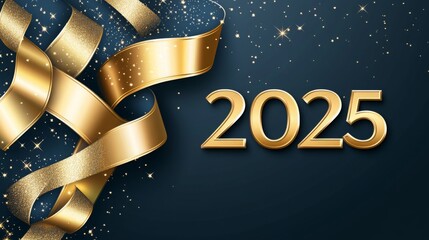 Festive golden ribbons with "2025" numbers creating celebratory atmosphere for New Year's Eve or special events, ideal for text overlay. New year celebration concept with elegant design.