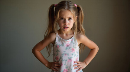 A young girl around seven or eight years old standing her ground with her hands on her hips. She has ponytails and is wearing a dress with a floral motif. Stern, determined expression.