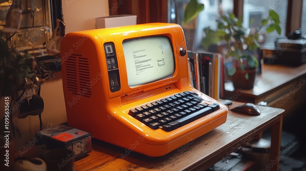 Poster an orange computer with a screen and keyboard