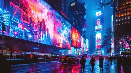 Obraz premium Vibrant cityscape at night featuring colorful billboards and bustling streets.