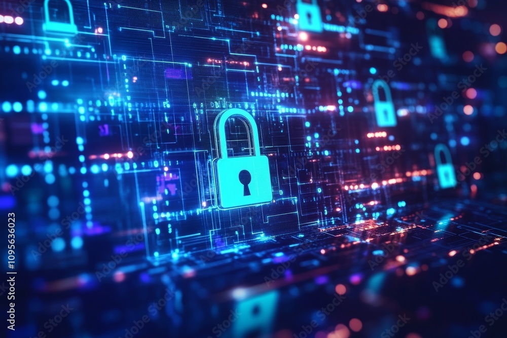 Poster digital network security: glowing padlock symbol on cybersecurity background
