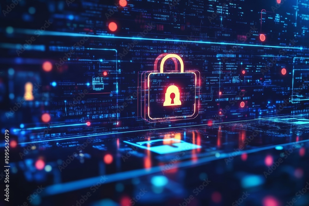 Poster digital security concept with glowing lock symbol in virtual cyberspace