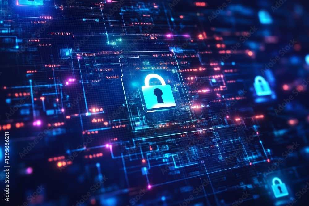 Poster digital network security with glowing lock symbol on cyber background