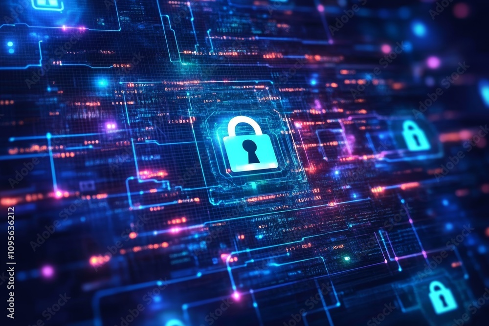 Poster futuristic digital security interface with neon lock symbol on cybernetic circuit background