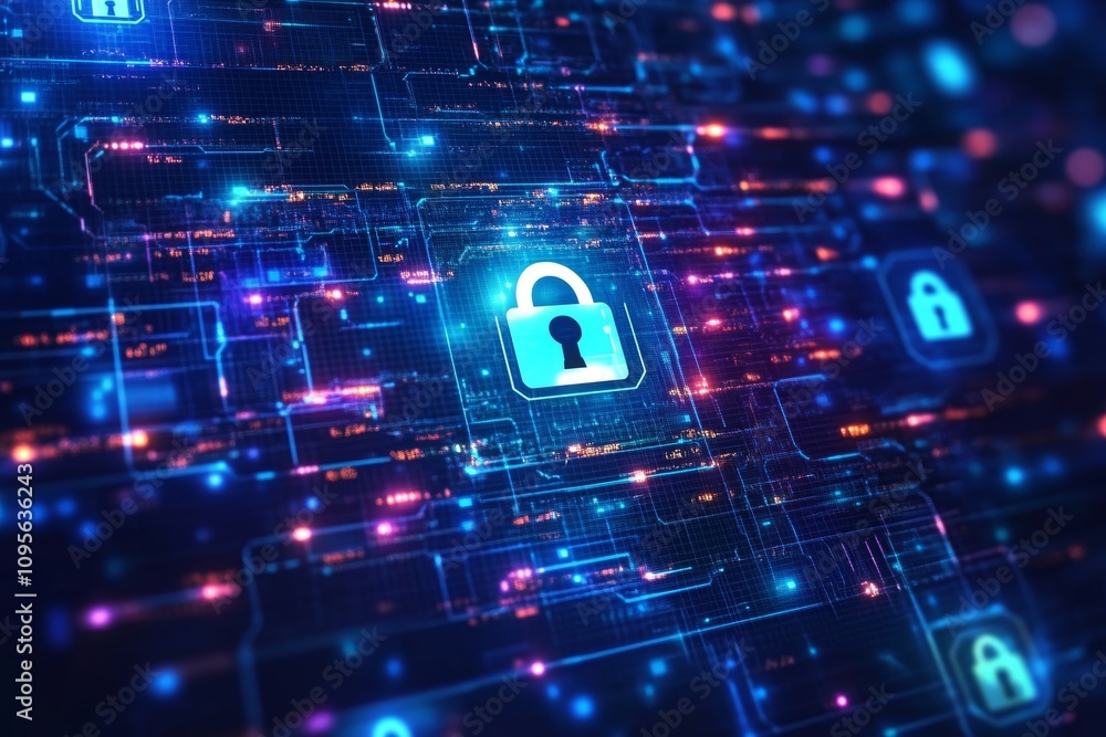 Poster digital security concept with glowing lock on futuristic circuit board background
