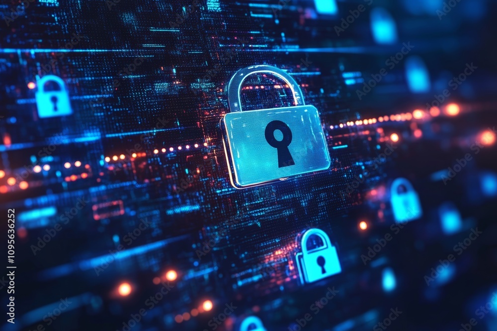 Poster digital security concept with padlock symbol on cyber grid background