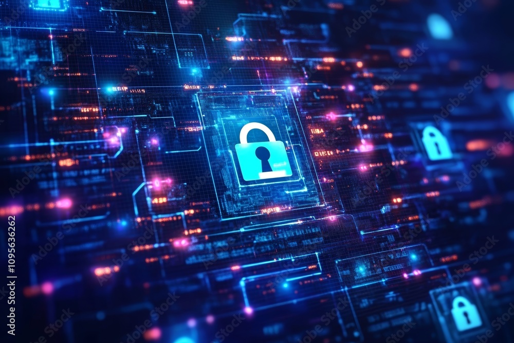 Poster futuristic digital security interface with glowing lock symbols on circuit board