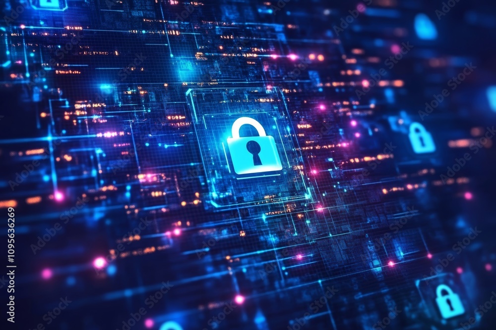 Poster digital security concept with glowing lock symbol in futuristic circuitry