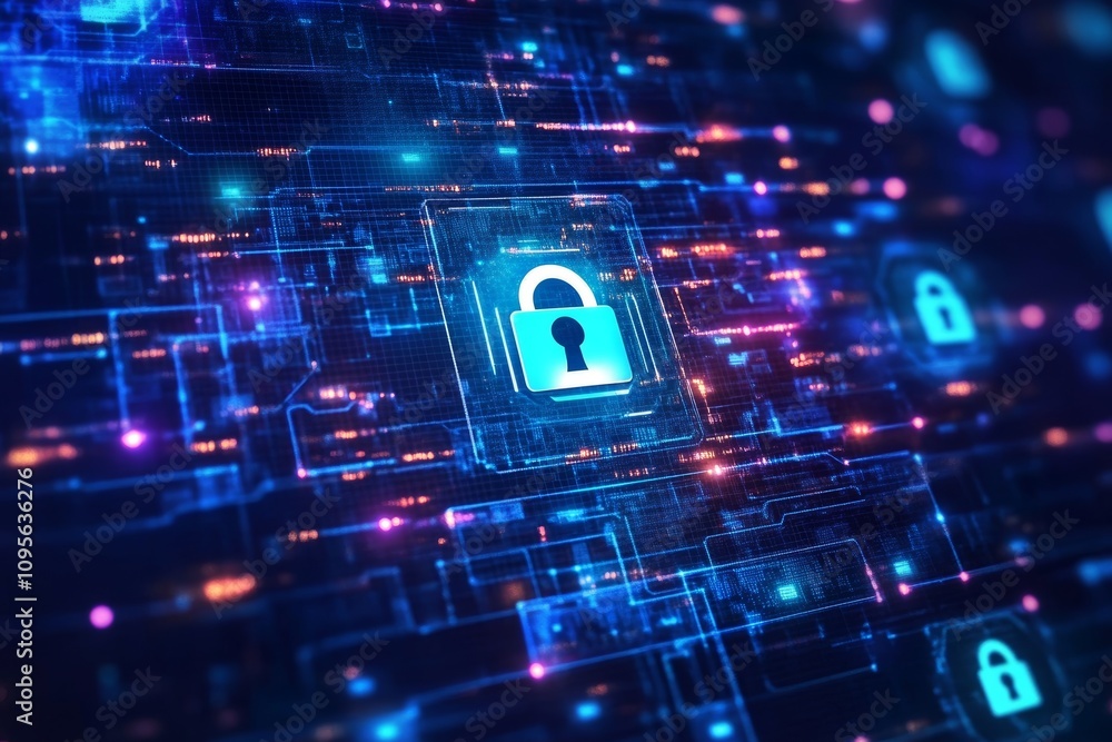 Poster digital cyberspace security with lock icon on futuristic network interface