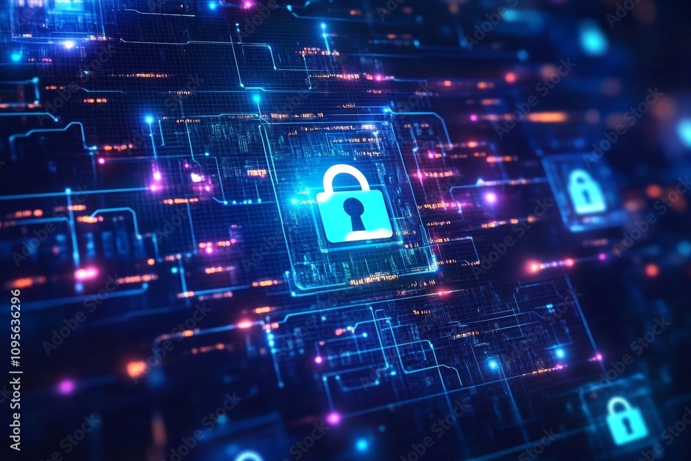 Aufkleber digital security lock on futuristic network background