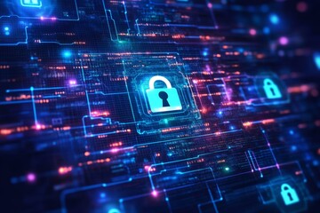 Futuristic digital security interface with neon lock symbol on cybernetic circuit background