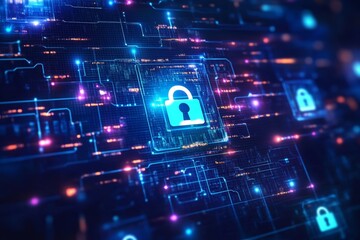 Obraz premium Digital security lock on futuristic network background