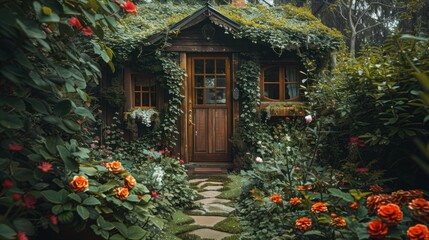 Obraz premium A charming cottage surrounded by lush greenery and vibrant flowers.
