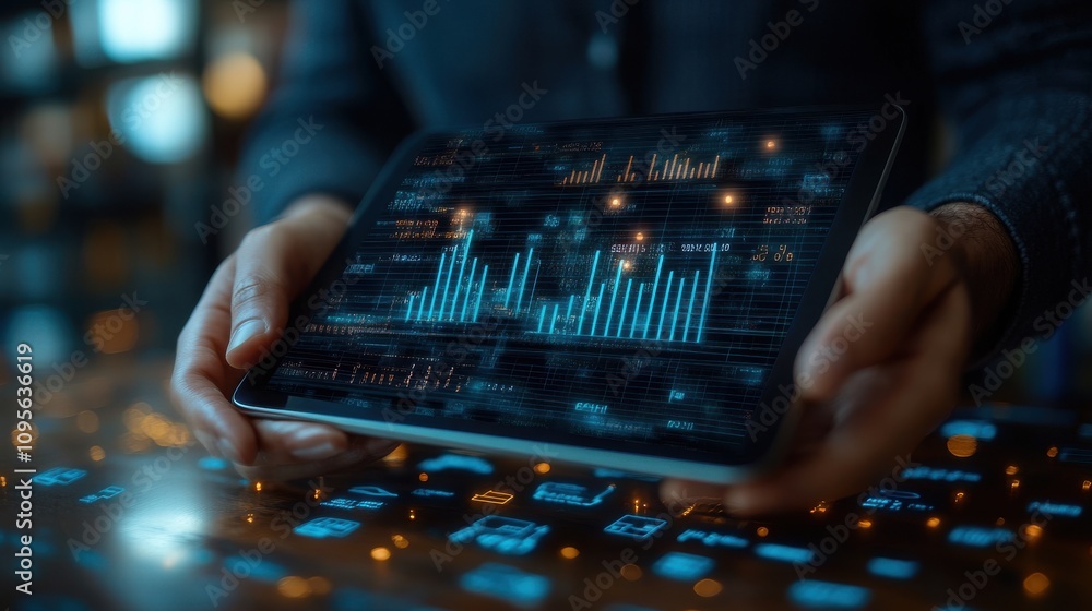 Poster businessman holding tablet which display virtual graph chart and shopping trolley cart for increasin