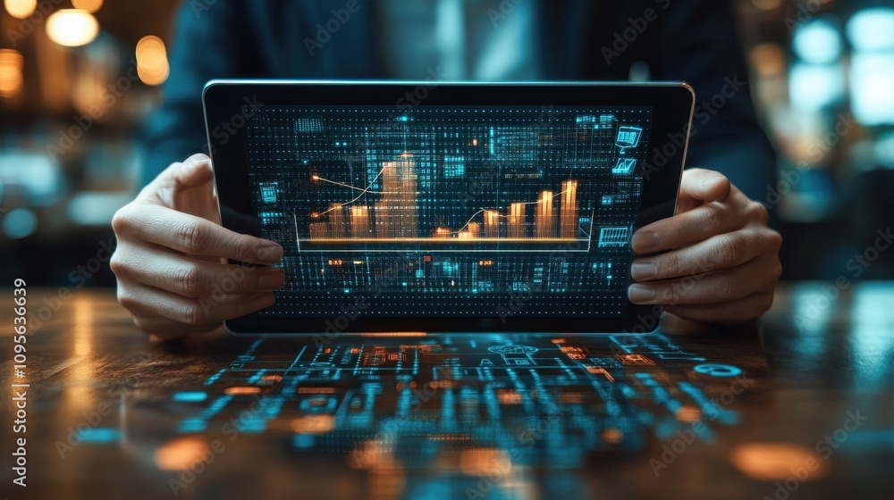 Poster businessman holding tablet which display virtual graph chart and shopping trolley cart for increasin