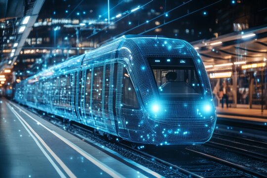 Futuristic digital train with blue neon lights at night station