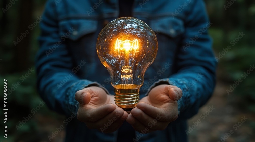 Poster businessman holing glowing lightbulb for creative thinking idea and problem solving until get soluti