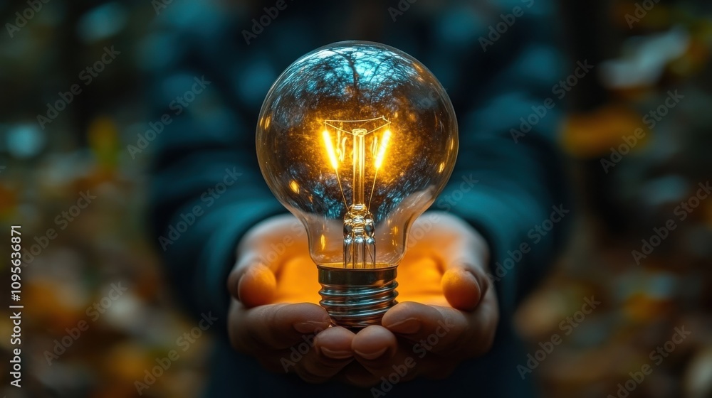 Poster businessman holing glowing lightbulb for creative thinking idea and problem solving until get soluti
