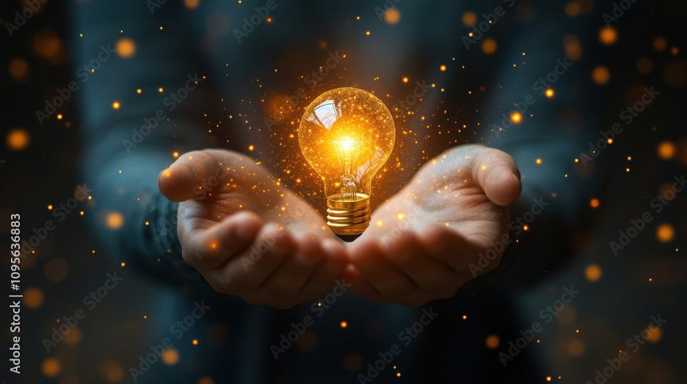 Poster businessman holing glowing lightbulb for creative thinking idea and problem solving until get soluti