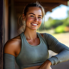 A smiling woman in athletic wear poses outdoors, showcasing fitness and confidence against a natural backdrop.